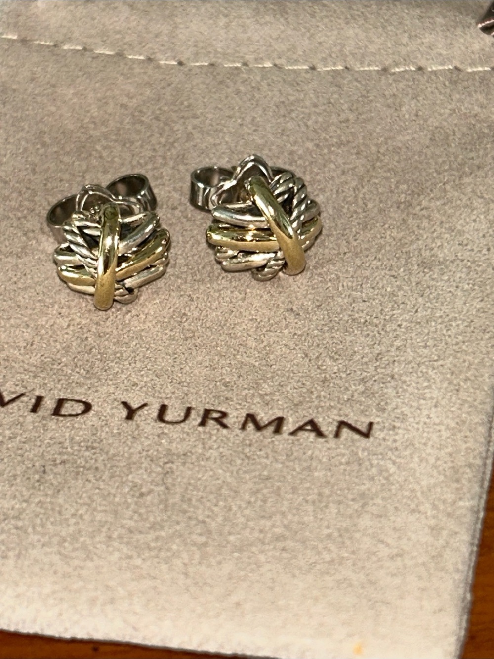 New David Yurman 18K Gold Silver Two-Tone Knot Cable Stud Earrings - - Picture 2 of 6